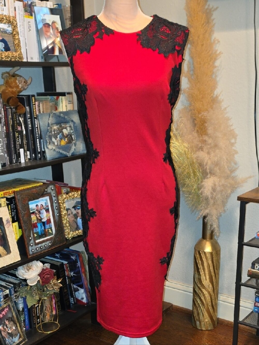 NWT AX Paris Red Sleeveless Midi Dress with Black Lace Appliqué Size 8